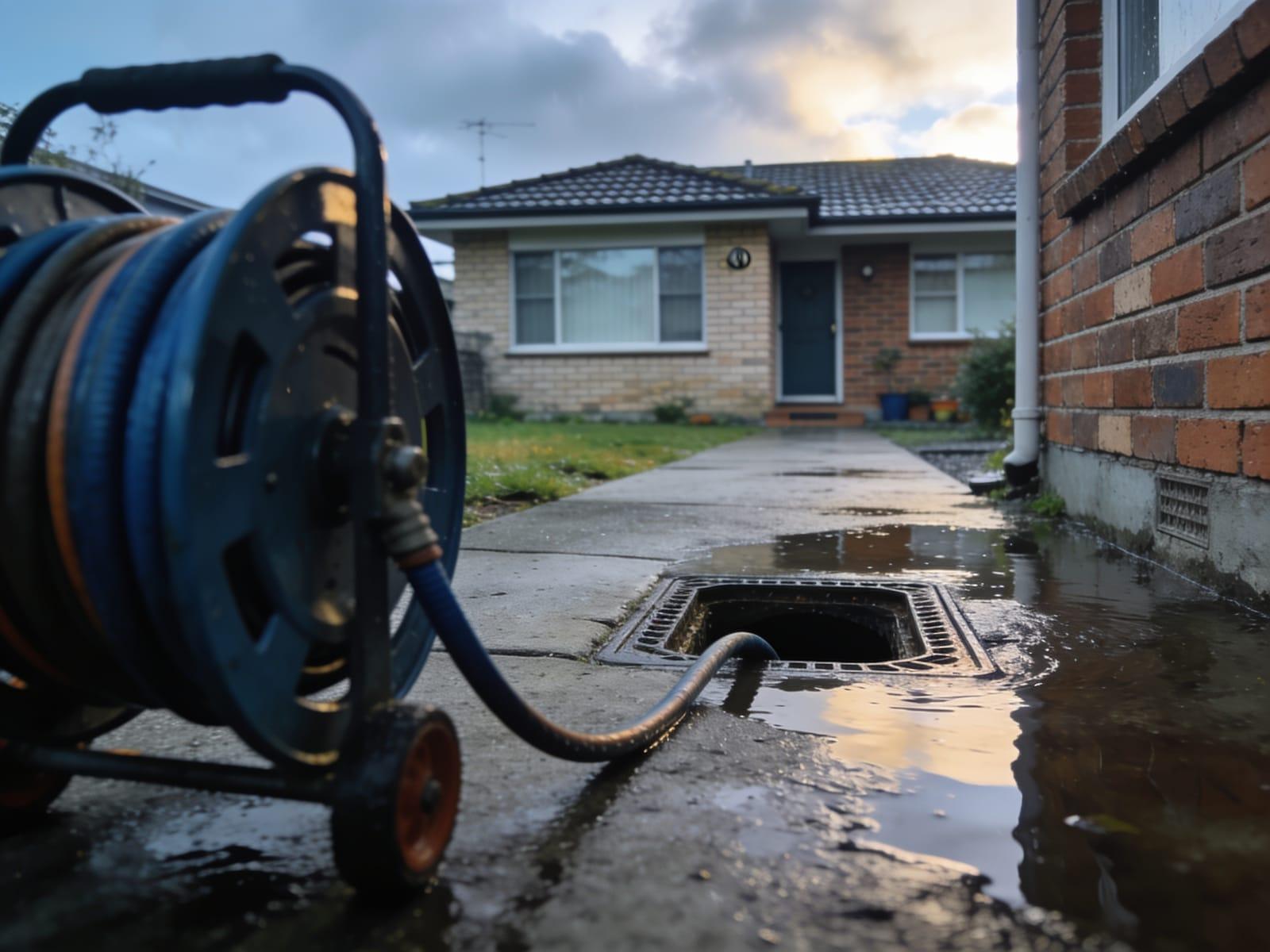Blocked gully trap overflowing beside an Auckland home with hydro jetting equipment ready