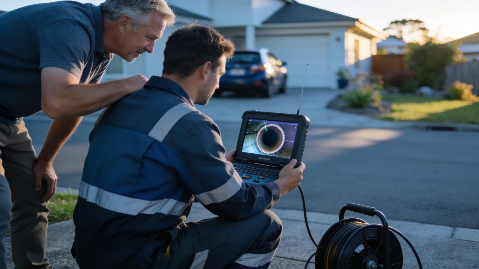 Drain Ranger drainlayer showing a homeowner the CCTV drain camera monitor on a residential driveway