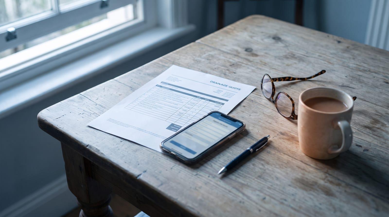 Printed drainage quote on a kitchen table beside a phone, pen, and reading glasses ready for a Work and Income application