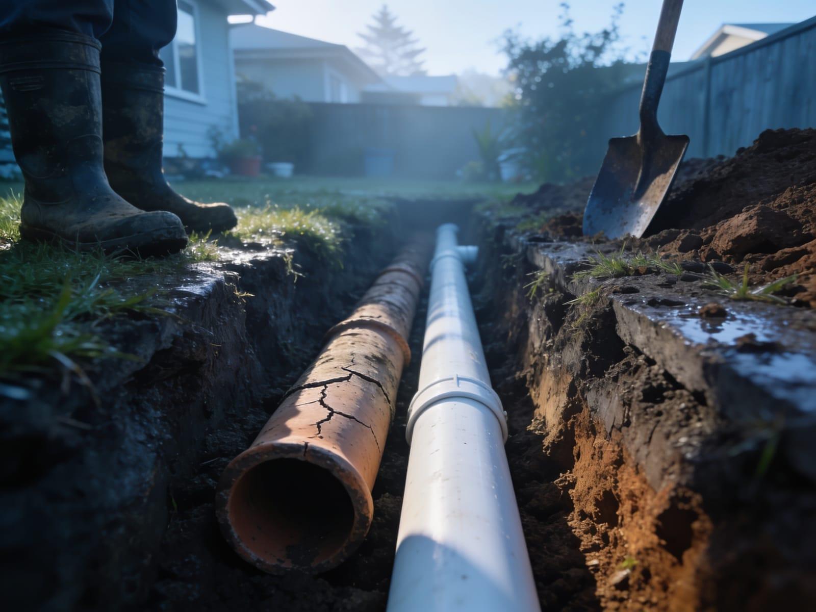 Excavated trench showing cracked old earthenware pipe beside new PVC replacement