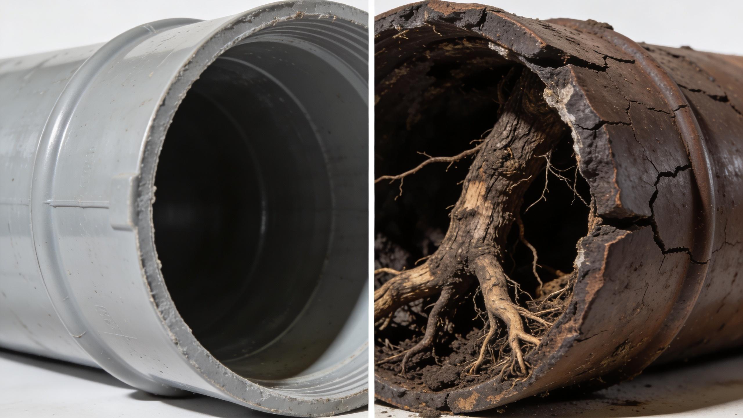 Clean PVC pipe vs damaged pipe showing importance of maintenance