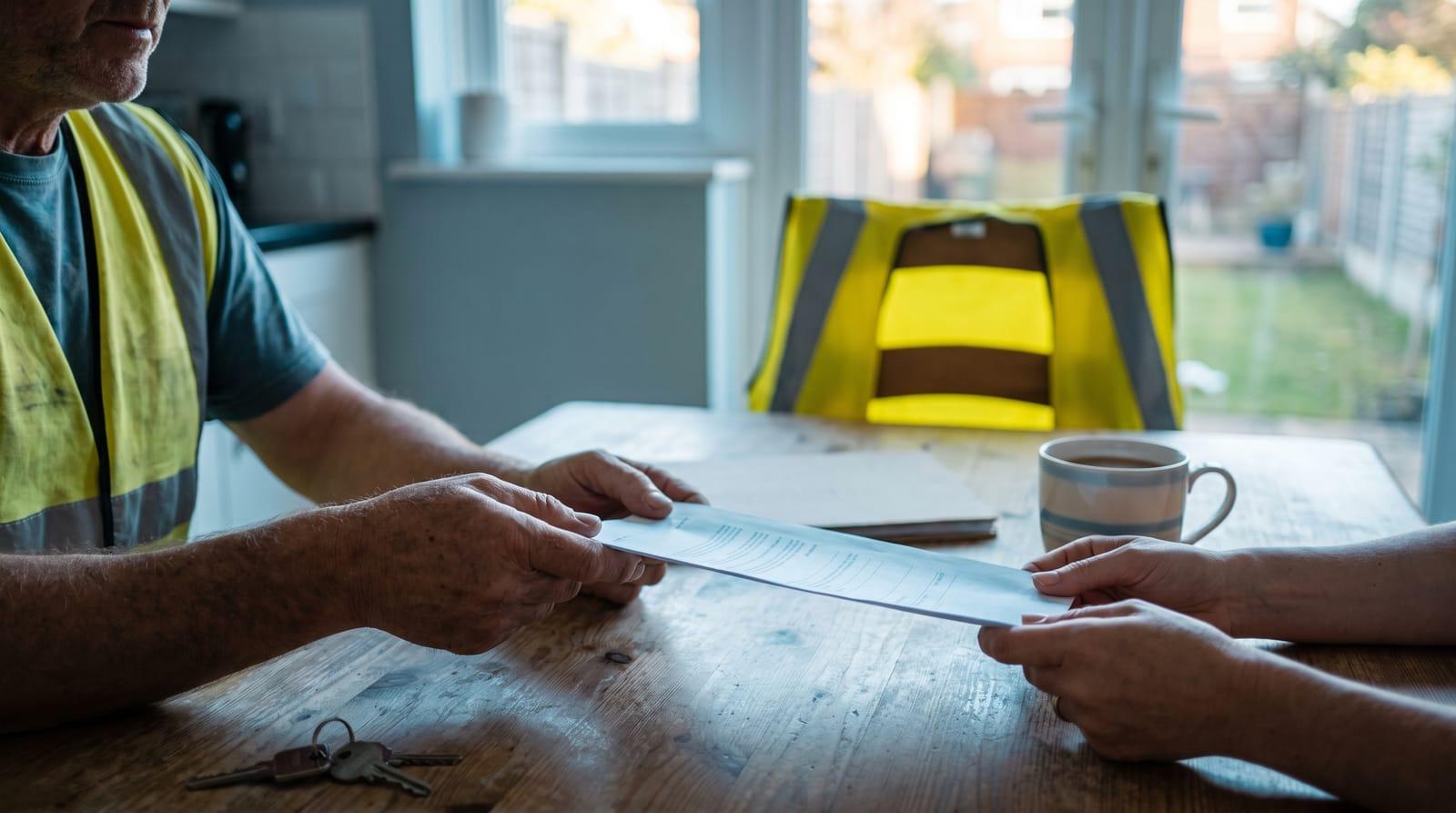 Drainlayer handing a printed quote to a homeowner across a kitchen table