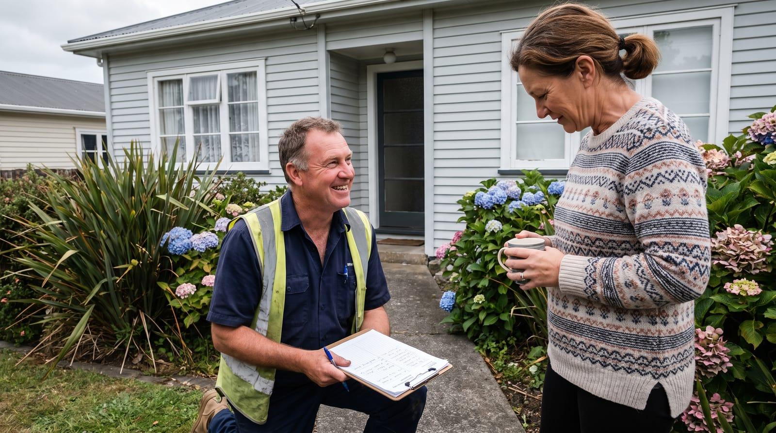Drain Ranger drainlayer talking through a quote with a homeowner at her front door